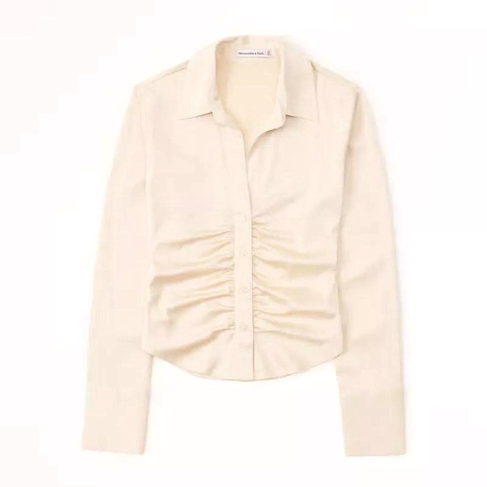 NWT Abercrombie Long-Sleeve Satin Ruched Button-Up Shirt Cream Large